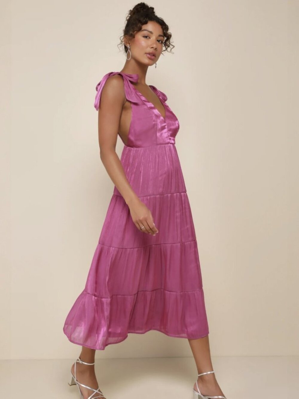 Lulus Exemplary Shine Magenta Organza Tie-Strap Tiered Midi Dress​ NWT - Picture 2 of 7